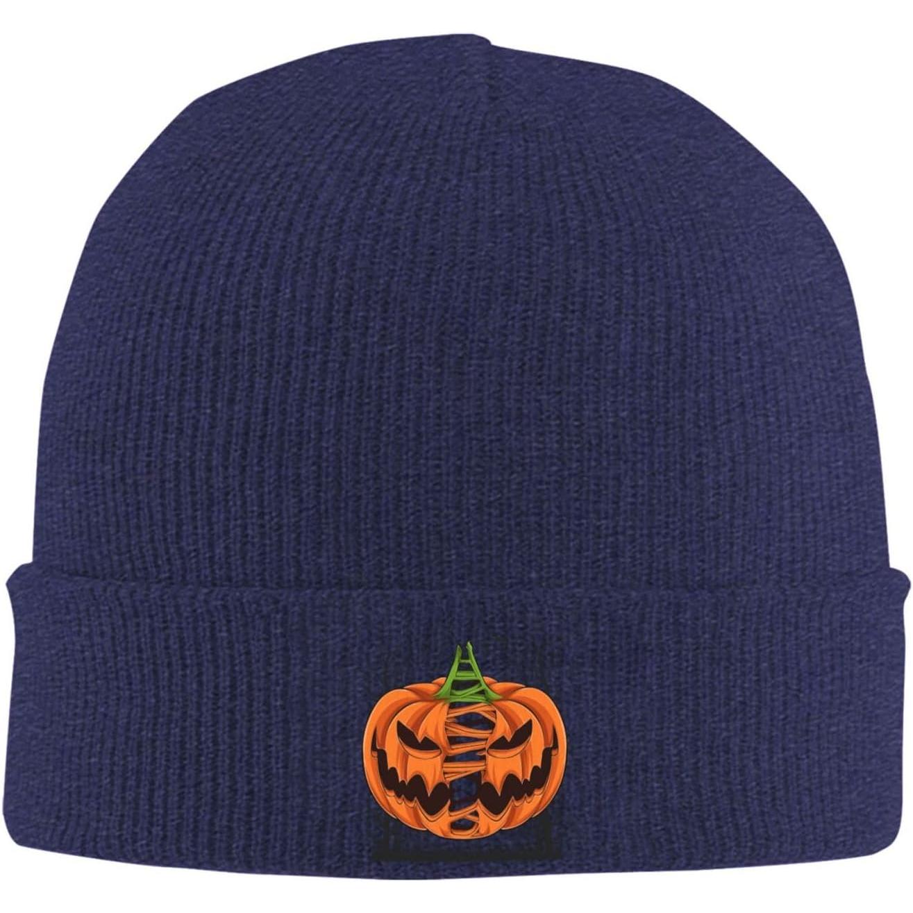 Beanie Cuffed Knit - Scary Halloween Pumpkins with Trees and